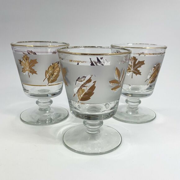 Libbey Other - Lot 3 MCM Libby Golden Foliage Footed Rocks Glasses Autumn Leaf Vintage Barware